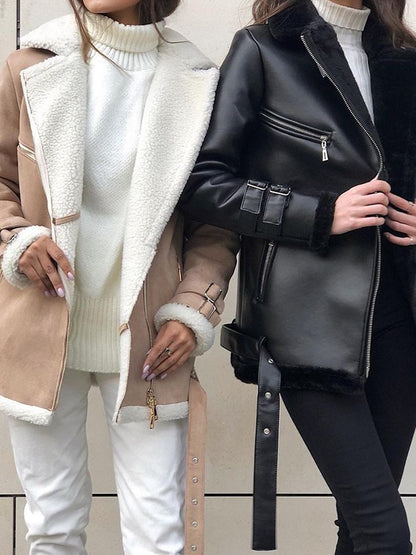 Long Sleeves Loose Buckle Keep Warm Pockets Split-Joint Velvet Zipper Notched Collar Outerwear