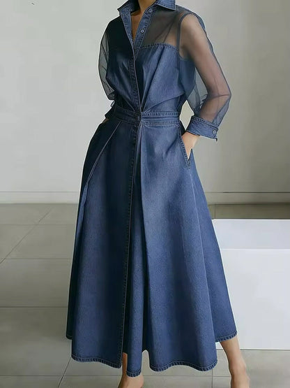 A-Line High Waisted Buttoned Pockets See-Through Solid Color Split-Joint Lapel Maxi Dresses