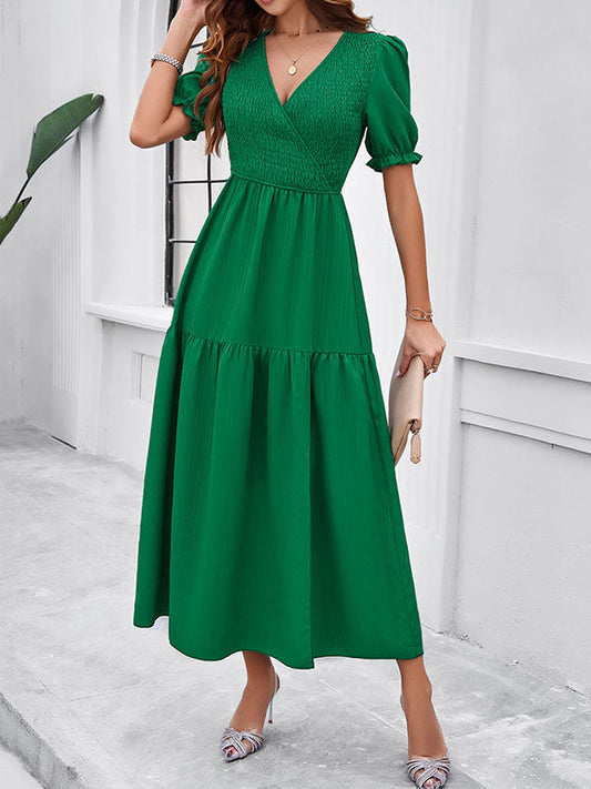 A-Line High Waisted Elasticity Pleated Solid Color Split-Joint V-Neck Midi Dresses
