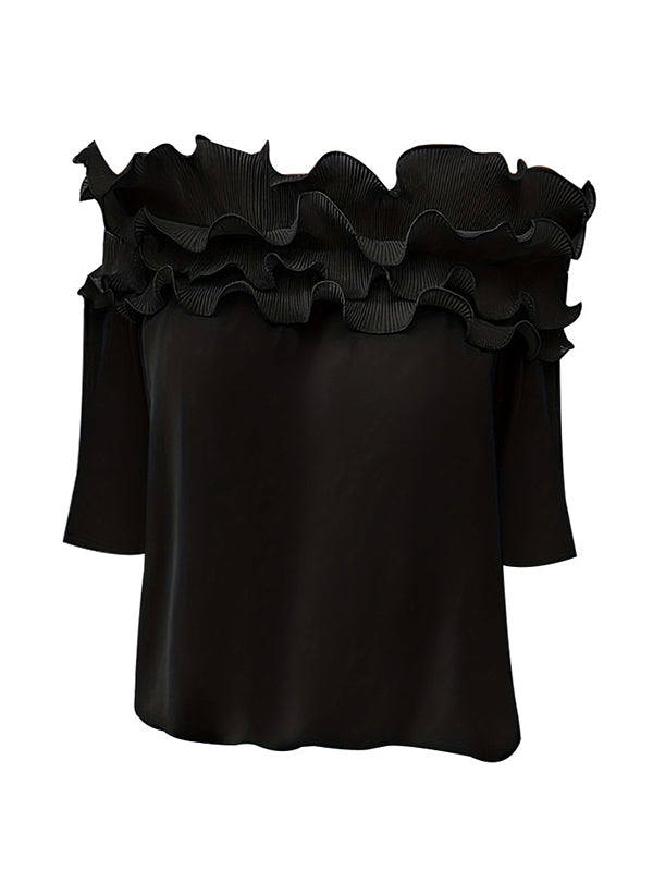 Loose Short Sleeves Pleated Solid Color Split-Joint Tiered Off-The-Shoulder T-Shirts Tops