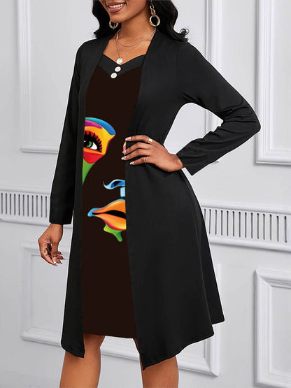 A-Line False Two Buttoned Contrast Color Human Pattern Print Split-Joint Square-Neck Midi Dresses