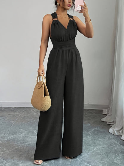 High Waisted Sleeveless Backless Solid Color Tied Spaghetti-Neck Jumpsuits