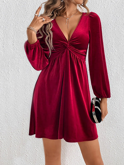 A-Line High Waisted Knot Pleated Solid Color Split-Joint Velvet Deep V-Neck Mini Dresses