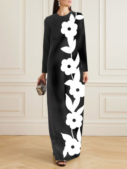 Long Sleeves Loose Contrast Color Flower Print Split-Joint Round-Neck Maxi Dresses