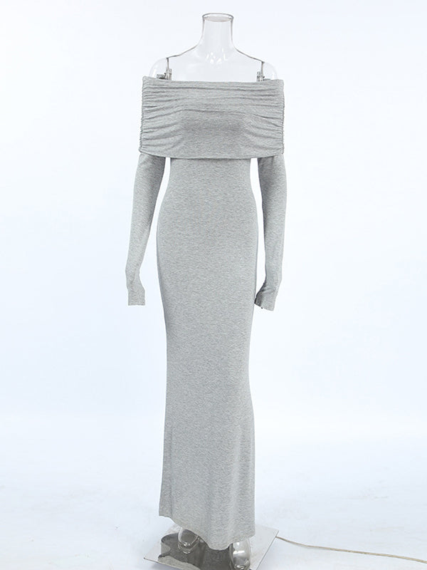 Long Sleeves Skinny Pleated Solid Color Split-Joint Off-The-Shoulder Evening Dresses Maxi Dresses