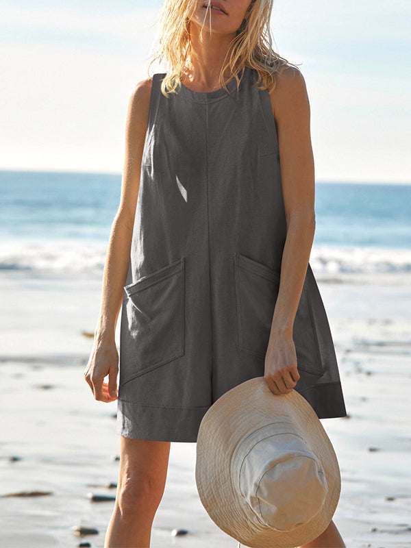 Loose Sleeveless Pockets Solid Color Round-Neck Rompers