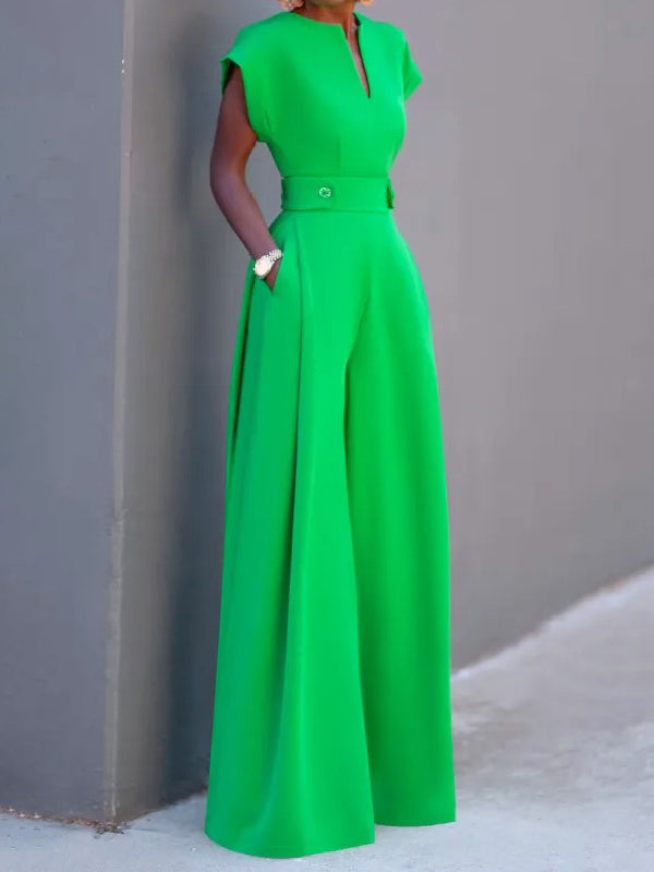 Cap Sleeve Wide Leg Solid Color Jumpsuits