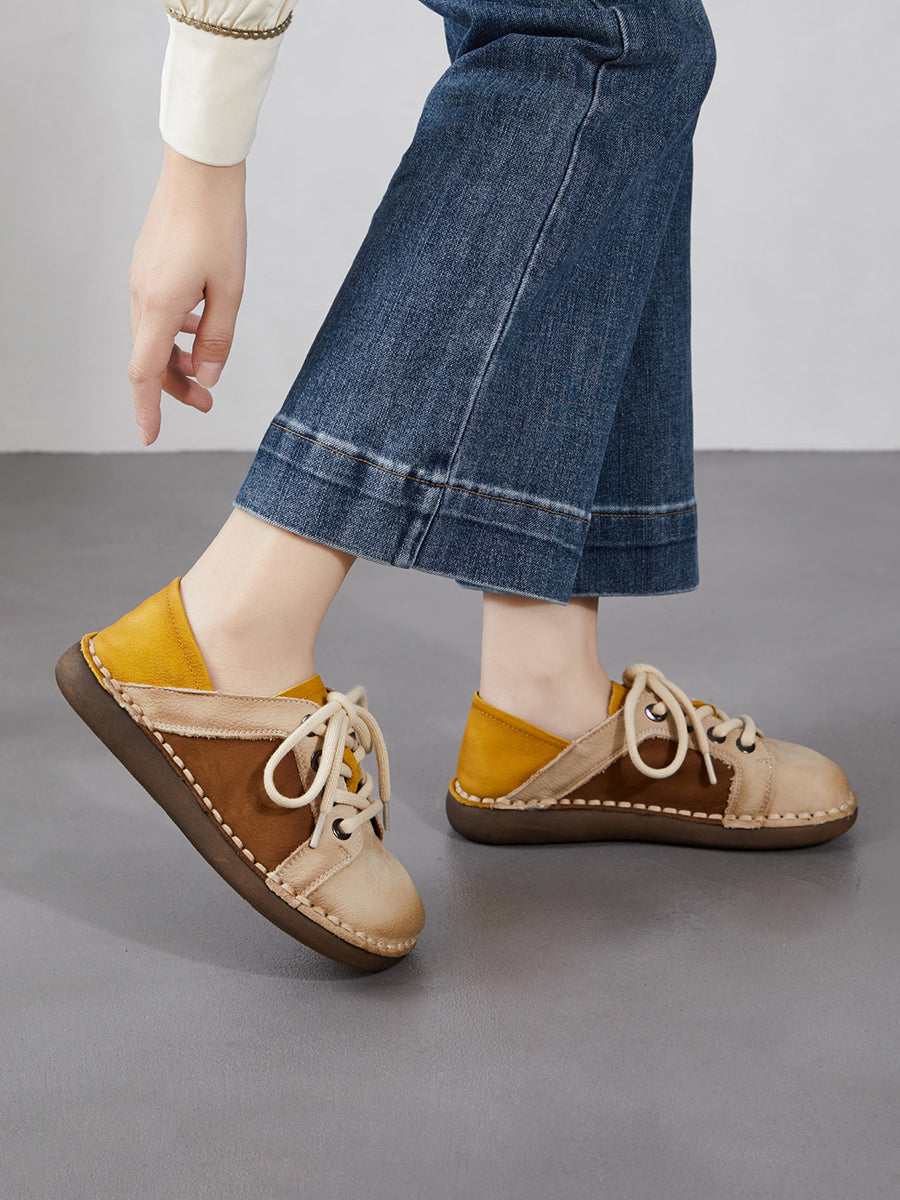 Women Spring Vintage Genuine Leather Spliced Flat Shoes