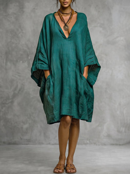 Batwing Sleeves Loose Pockets Solid Color Deep V-Neck Mini Dresses