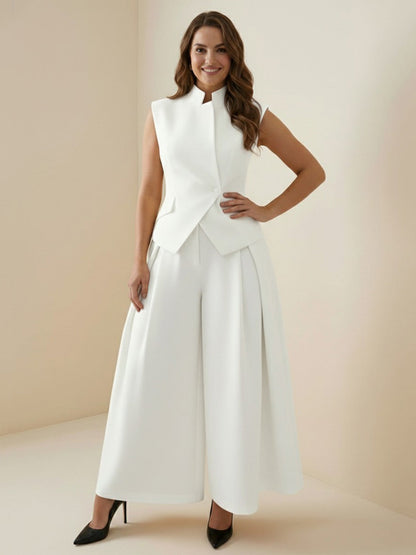 Elasticated Waist High Waisted Asymmetric Buttoned Solid Color Split-Joint Stand Collar Tank Top