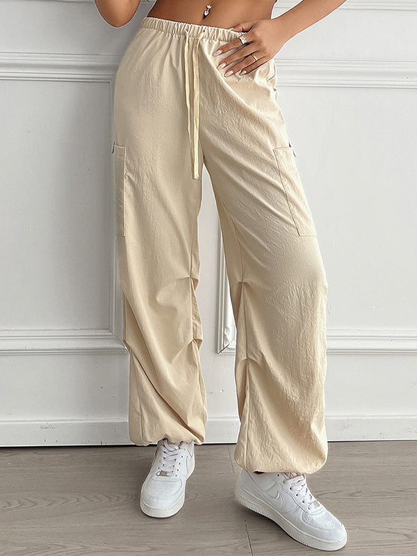 High Waisted Loose Drawstring Elasticity Pleated Pockets Solid Color Pants Trousers