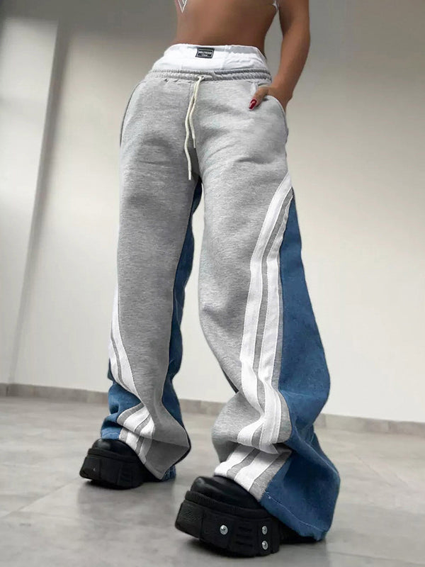 High Waisted Loose Drawstring Elasticity Pockets Denim Split-Joint Pants Trousers