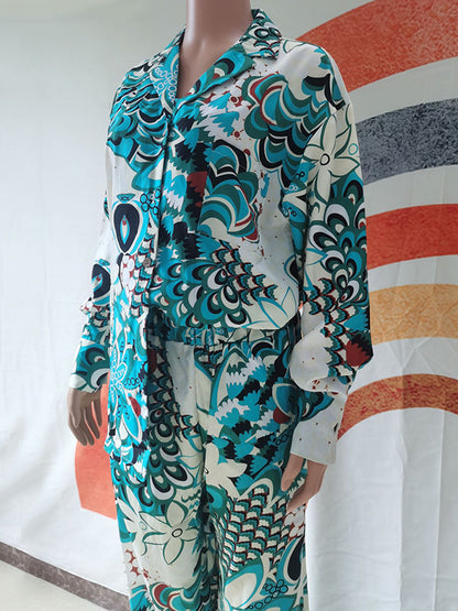 Flower Print Long Sleeves Buttoned Notched Collar Shirts Top + High Waisted Pants Bottom Two Pieces Set