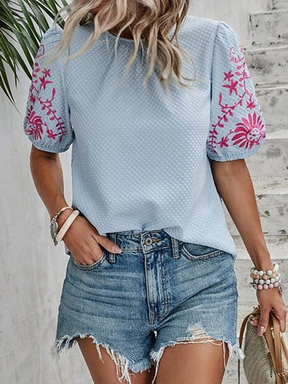 Loose Short Sleeves Bow-Embellished Contrast Color Split-Joint Round-Neck Blouses&Shirts Tops