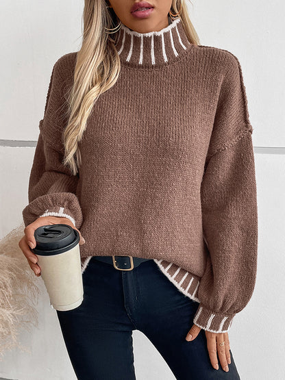 Long Sleeves Loose Contrast Color Split-Joint High Neck Pullovers Sweater Tops
