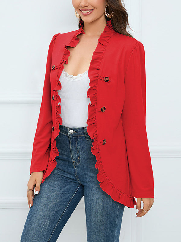 Long Sleeves Loose Buttoned Ruffled Collarless Outerwear