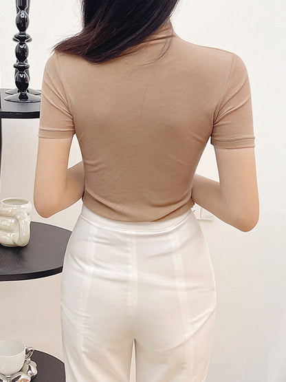 Half Sleeves Skinny Solid Color High Neck T-Shirts Tops