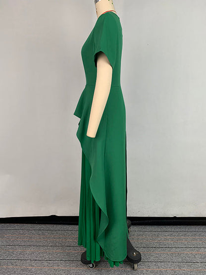A-Line High Waisted Pleated Solid Color Split-Joint Round-Neck Maxi Dresses