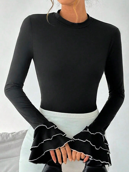 Flared Sleeves Long Sleeves Split-Joint Tiered Round-Neck T-Shirts Tops