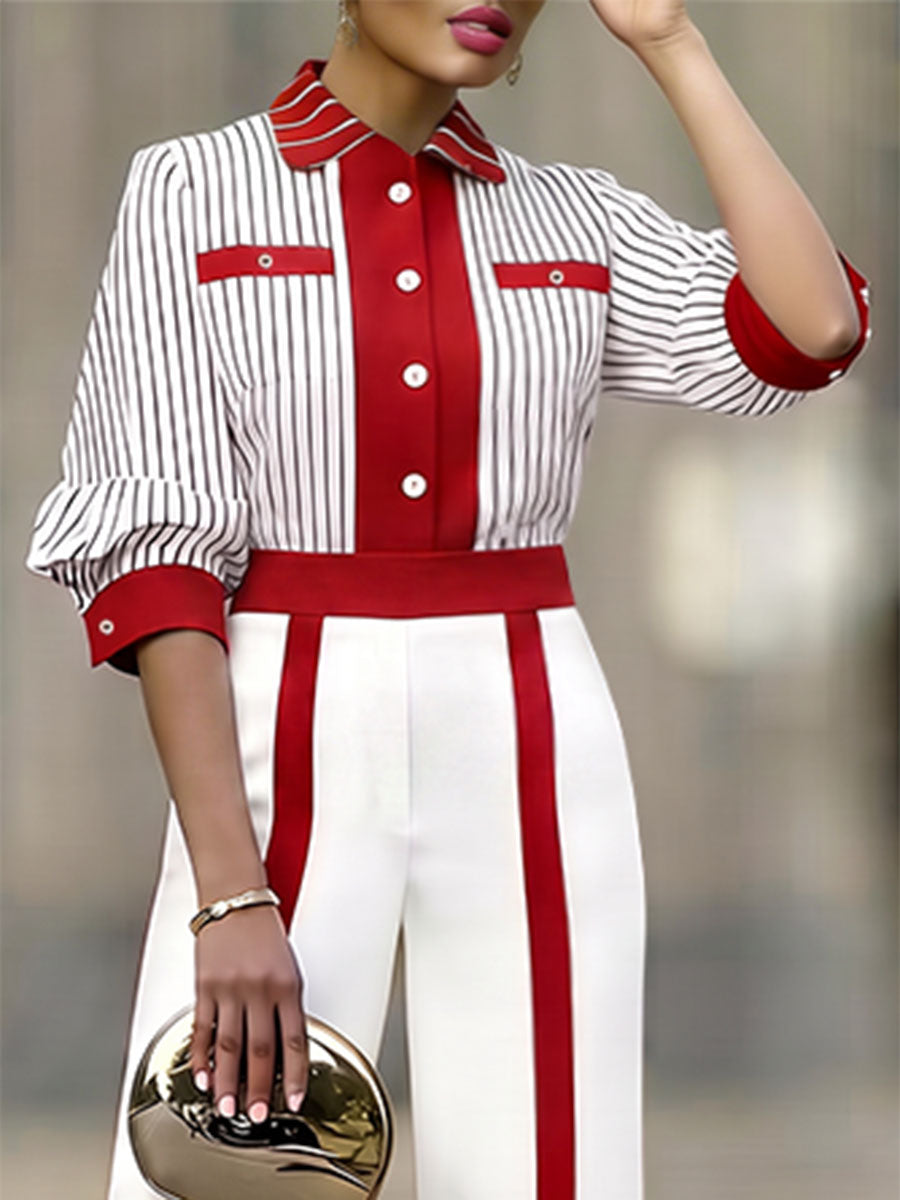 Striped Contrast Color Buttoned Loose Half Sleeves Lapel Blouses&shirts Tops