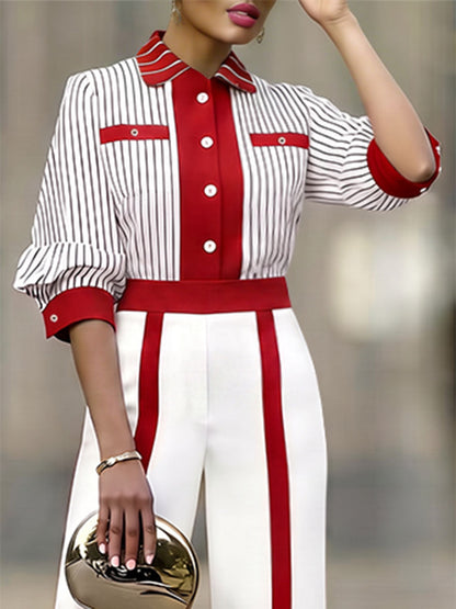 Striped Contrast Color Buttoned Loose Half Sleeves Lapel Blouses&shirts Tops