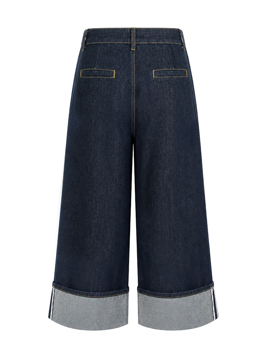 Loose Wide Leg Pleated Pockets Jean Pants Bottoms