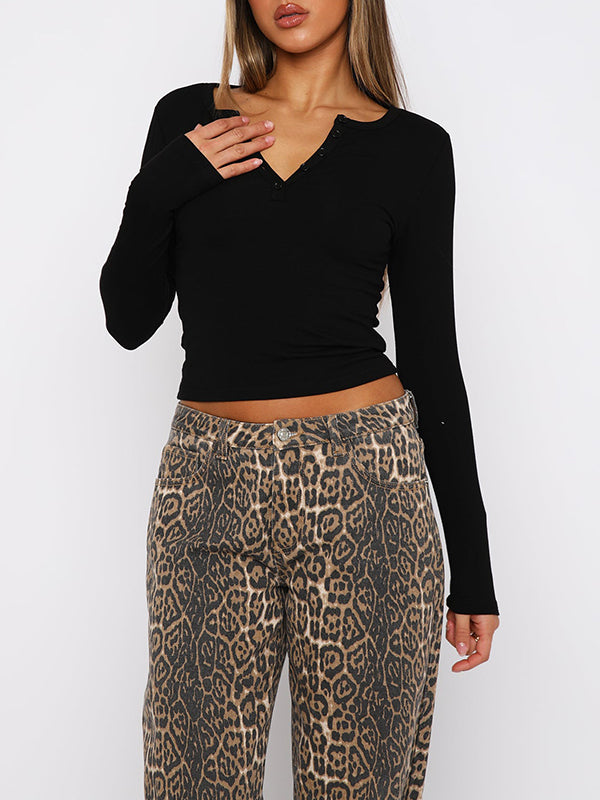 Long Sleeves Skinny Solid Color Split-Joint V-Neck T-Shirts