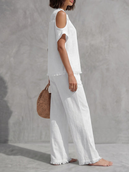 Fringed Cold Shoulder Half-Zip Solid Color Short Sleeve Blouses&Shirts Tops +  Pants Bottoms Trousers Two Pieces Set