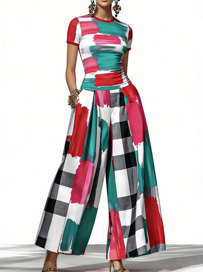 Short Sleeves Skinny Contrast Color Plaid Printed Round-Neck T-Shirts Tops
