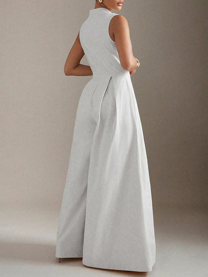 Sleeveless Wide Leg Pleated Solid Color Split-Joint Zipper Round-Neck Jumpsuits