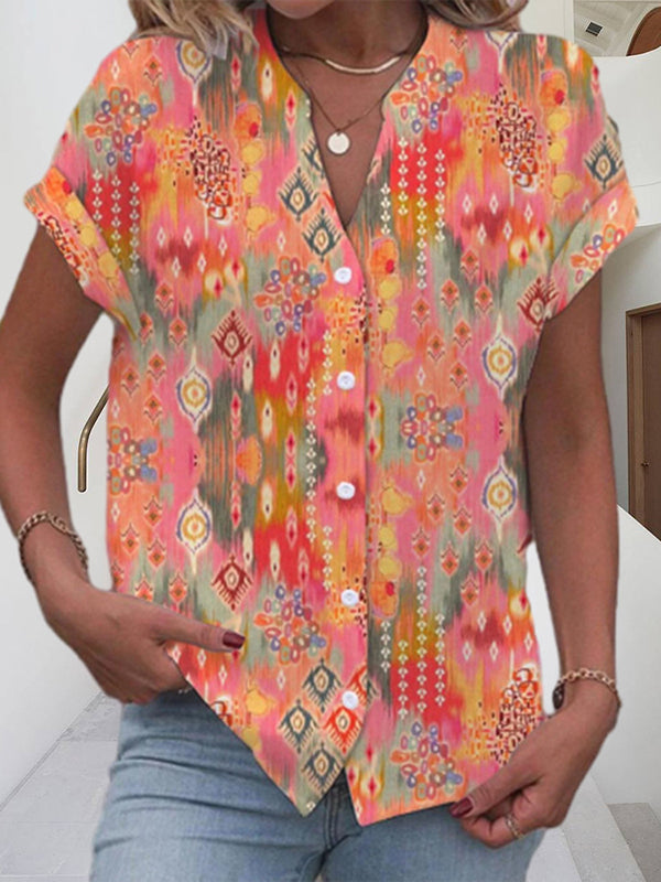 Loose Short Sleeves Buttoned Printed V-Neck Blouses&Shirts Tops
