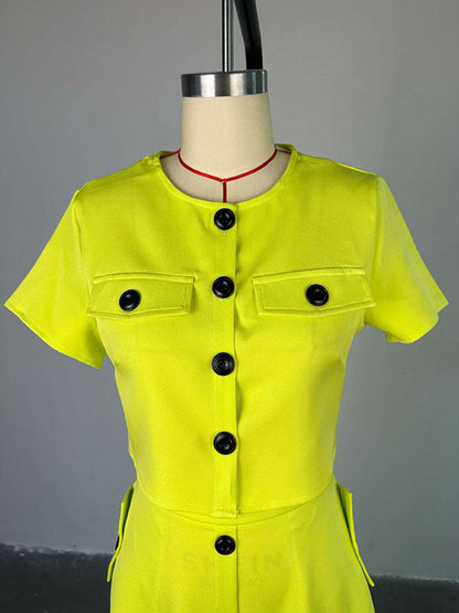 Buttoned Pockets Split-Joint Round-Neck T-Shirt Top + A-Line High Waisted Skirts Bottom Two Pieces Set