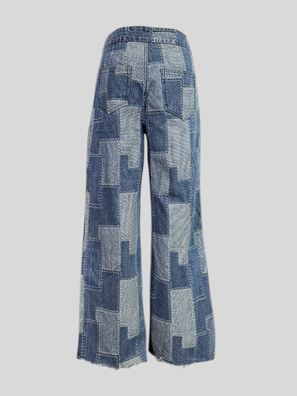 Loose Wide Leg Buttoned Plaid Pockets Split-Joint Jean Pants Bottoms