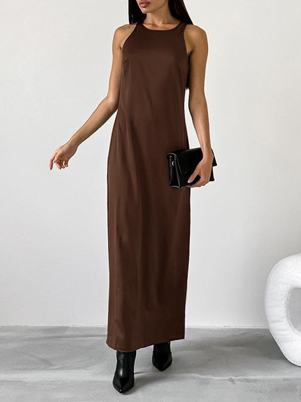 Loose Sleeveless Solid Color Split-Back Split-Joint Round-Neck Maxi Dresses