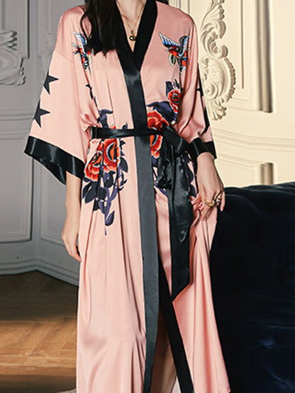 Loose Three-Quarter Sleeves Floral Printed Split-Joint Tied Waist Robes