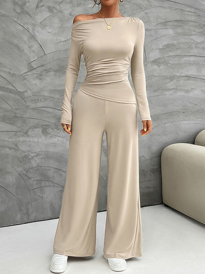 Solid Color Split-Joint Long Sleeves Skinny Pleated Boat Neck Asymmetric T-Shirt Top + Pockets Pants Bottom Two Pieces Set