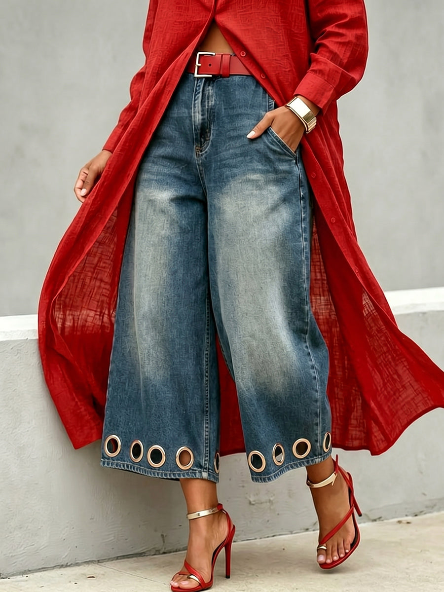 Loose Wide Leg Hollow Pockets Jean Pants Bottoms