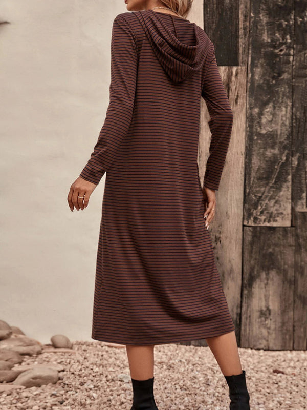 Long Sleeves Loose Drawstring Striped Zipper Hooded Midi Dresses