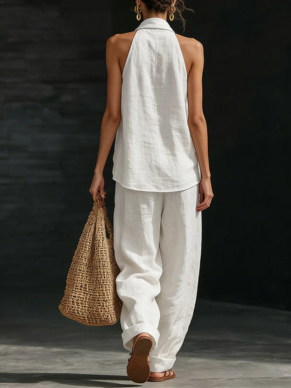 Loose Solid Color V-Neck Sleeveless Vest Top + Pockets Pants Trousers Two Pieces Set