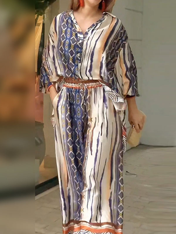 Long Sleeves Loose Printed Lapel Blouses Tops + Drawstring Pockets Pants Bottom Two Pieces Set