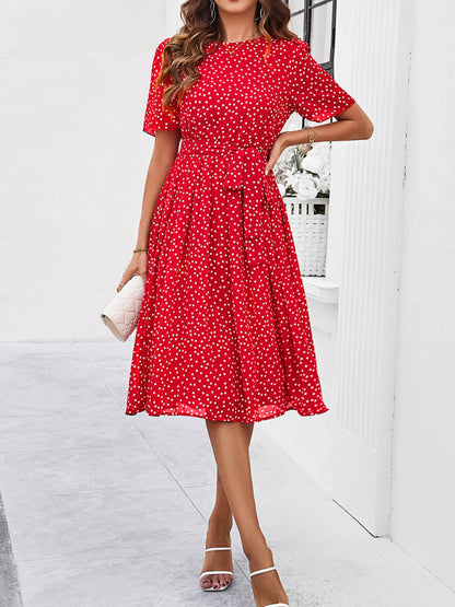 A-Line Elasticated Waist Contrast Color Polka Dot Split-Joint Tied Waist Round-Neck Midi Dresses