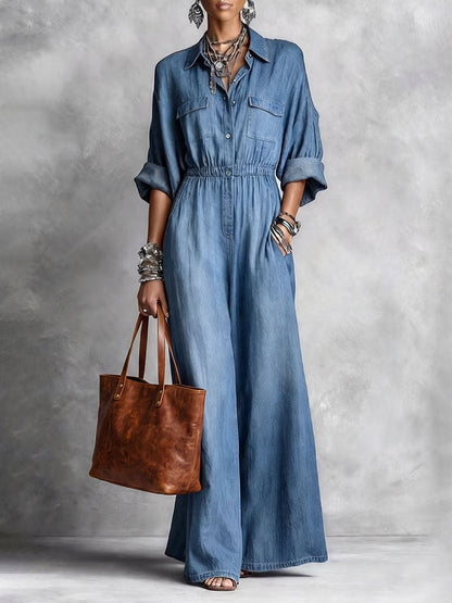 Solid Color Pockets Elasticity Buttoned Wide Leg Three-quarter Sleeves Lapel Jumpsuits