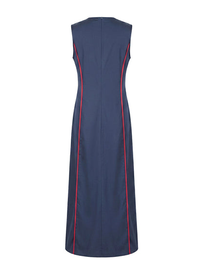 A-Line Loose Contrast Color Pockets Split-Joint Round-Neck Maxi Dresses
