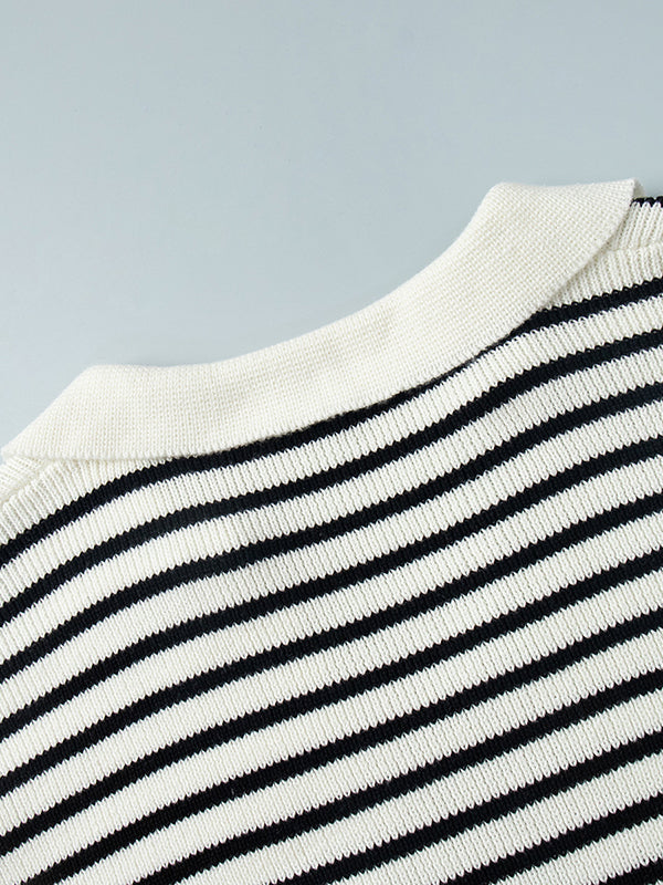 Long Sleeves Loose Split-Joint Striped Lapel Sweater Tops