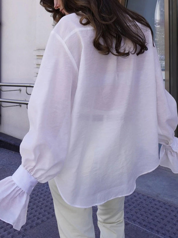 Loose Puff Sleeves Pleated Solid Color Split-Joint Lapel Blouses&Shirts Tops