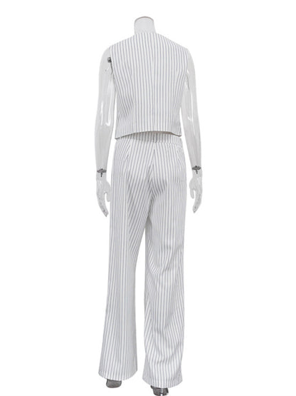 Loose Sleeveless Buttoned Striped V-Neck Vest Top + Pockets Pants Bottom Two Pieces Set