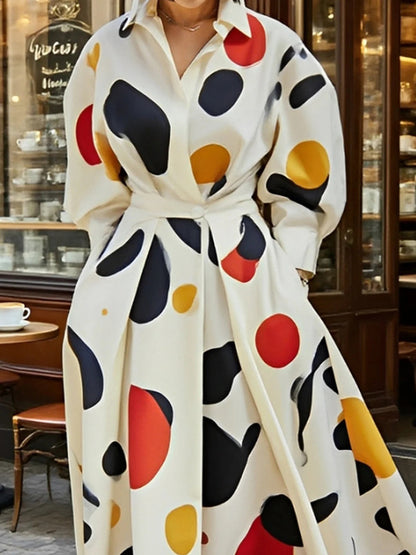 Long Sleeves Loose Contrast Color Pockets Polka-Dot Printing Lapel Maxi Dresses Shirt Dress