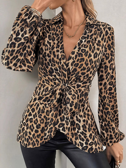 Long Sleeves Knot Leopard Lapel Blouses&Shirts Tops