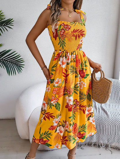 A-Line Loose Contrast Color Elasticity Flower Print Tied Spaghetti-Neck Midi Dresses