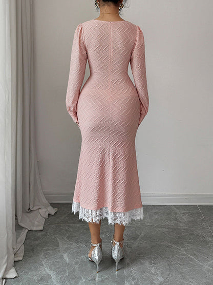 Bodycon High Waisted Lacy Pleated Solid Color Split-Joint Zipper Square-Neck Midi Dresses